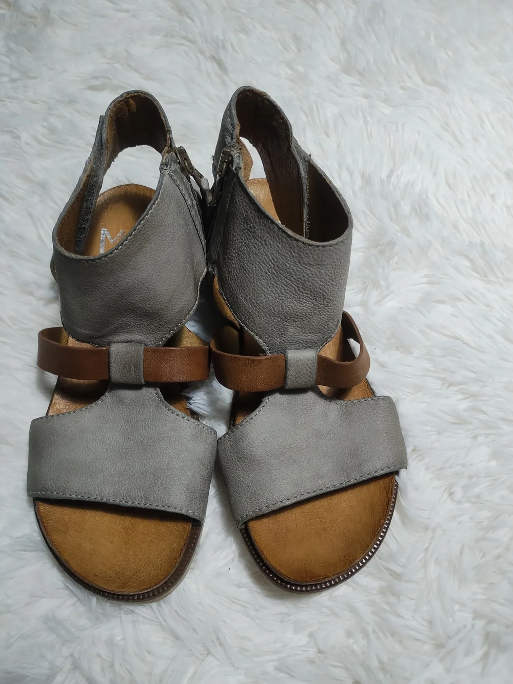 Miz Mooz Gray and Brown Leather Strappy Sandals